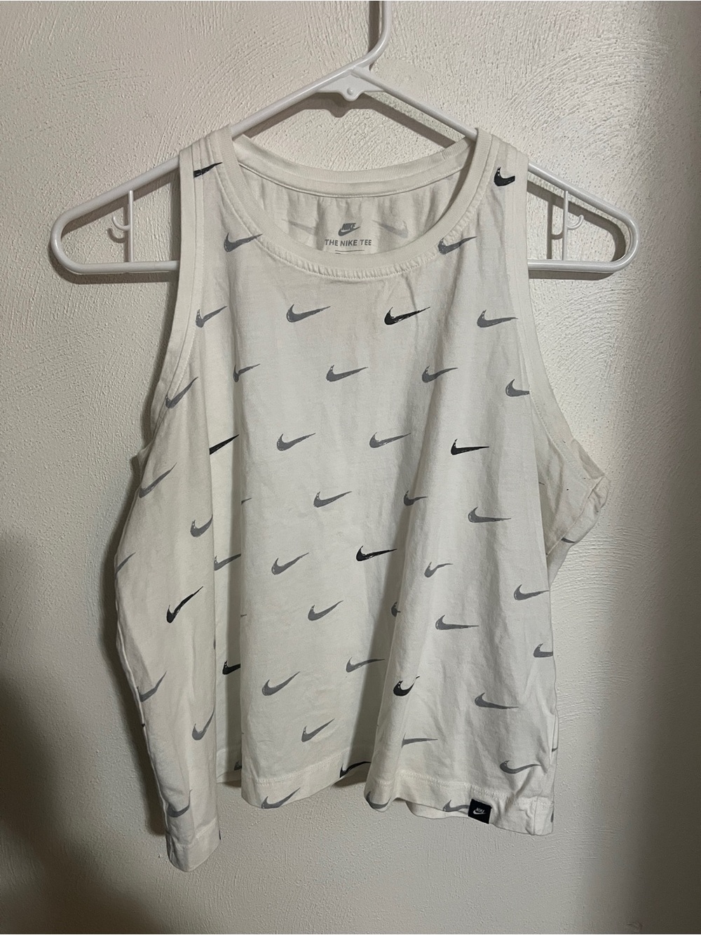 NIKE Classic Logo Printed Cropped Racerback Athletic Tank Top White Grey Wms L